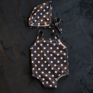Polka Dot Baby One Piece Swimsuit with Matching Bonnet Swim Cap 6-9 M